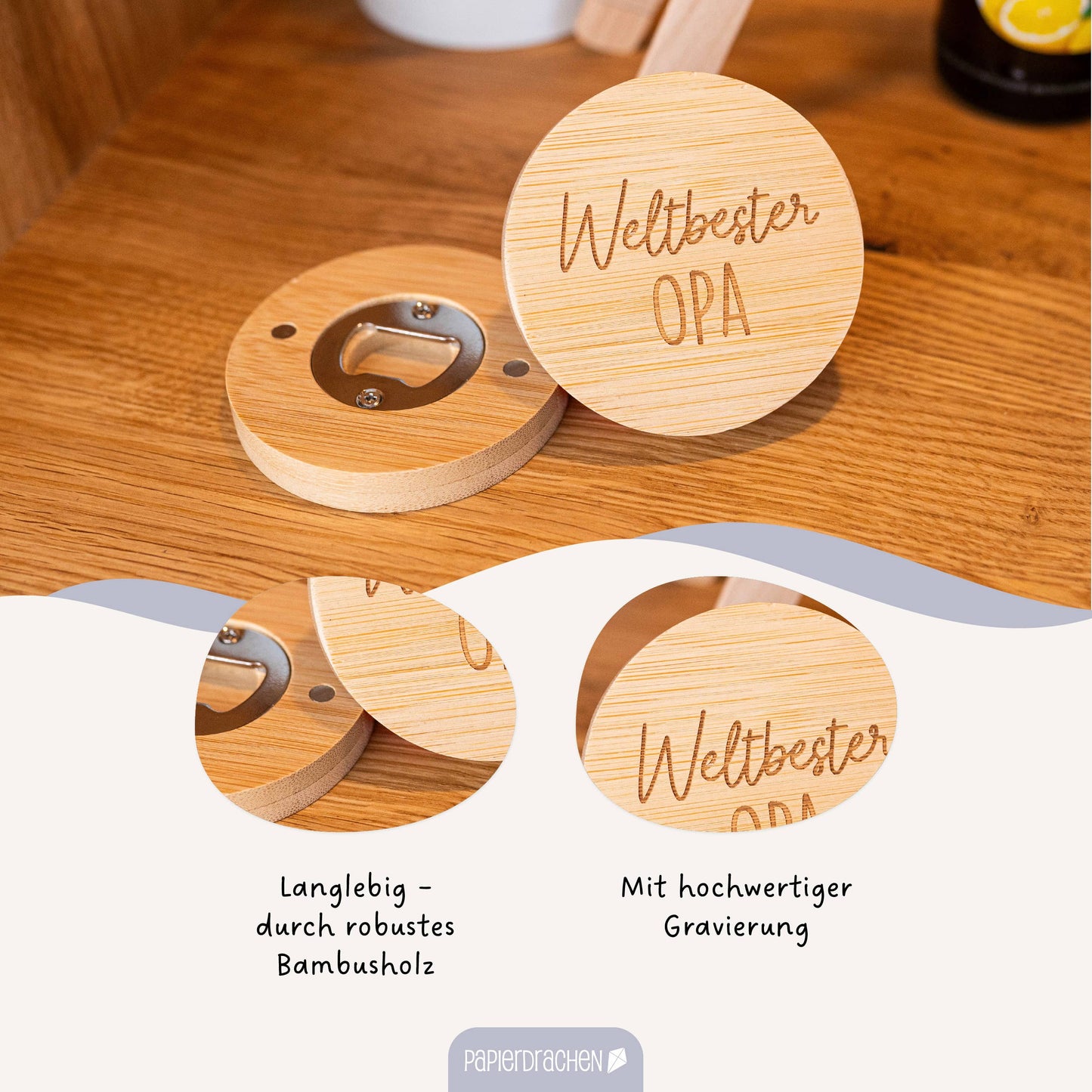 Papierdrachen - Flaschenöffner aus Holz mit Gravur Opa Set 02