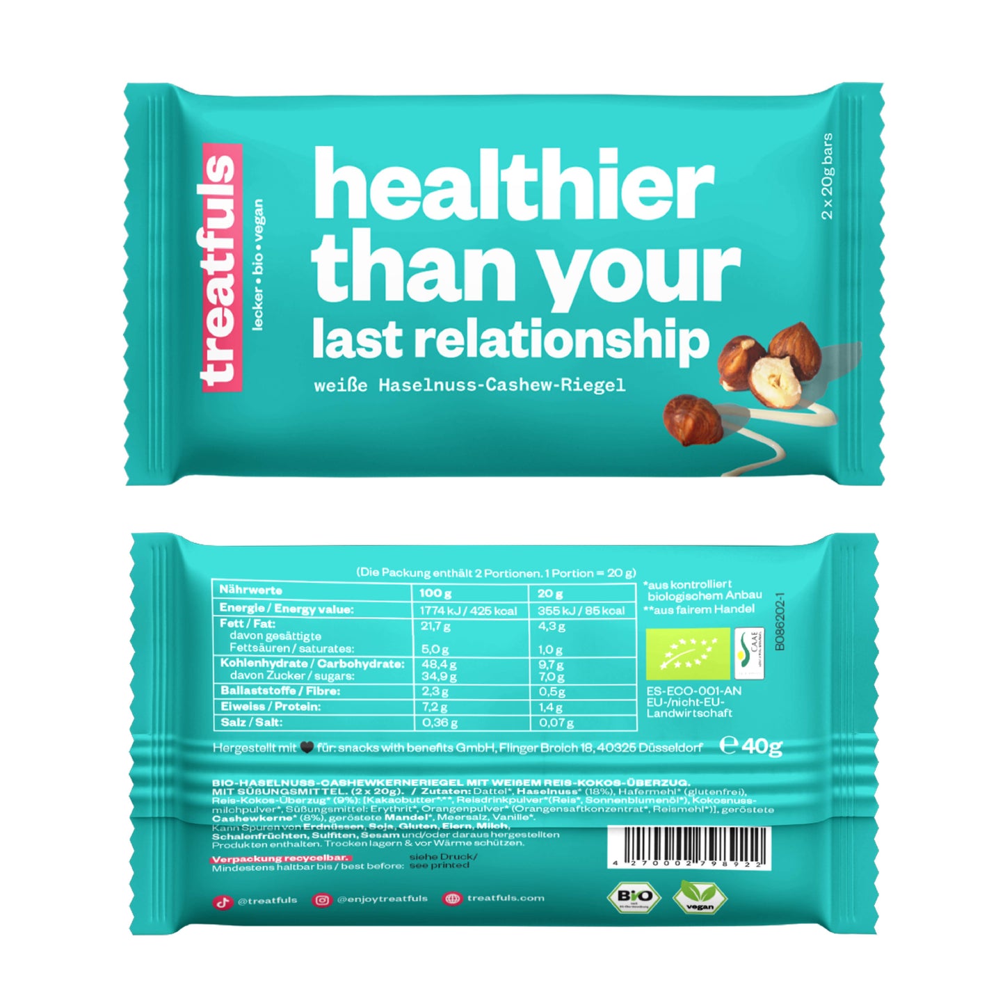 treatfuls - Weiße Schoko crunchy Haselnuss Riegel bio+vegan+glutenfrei