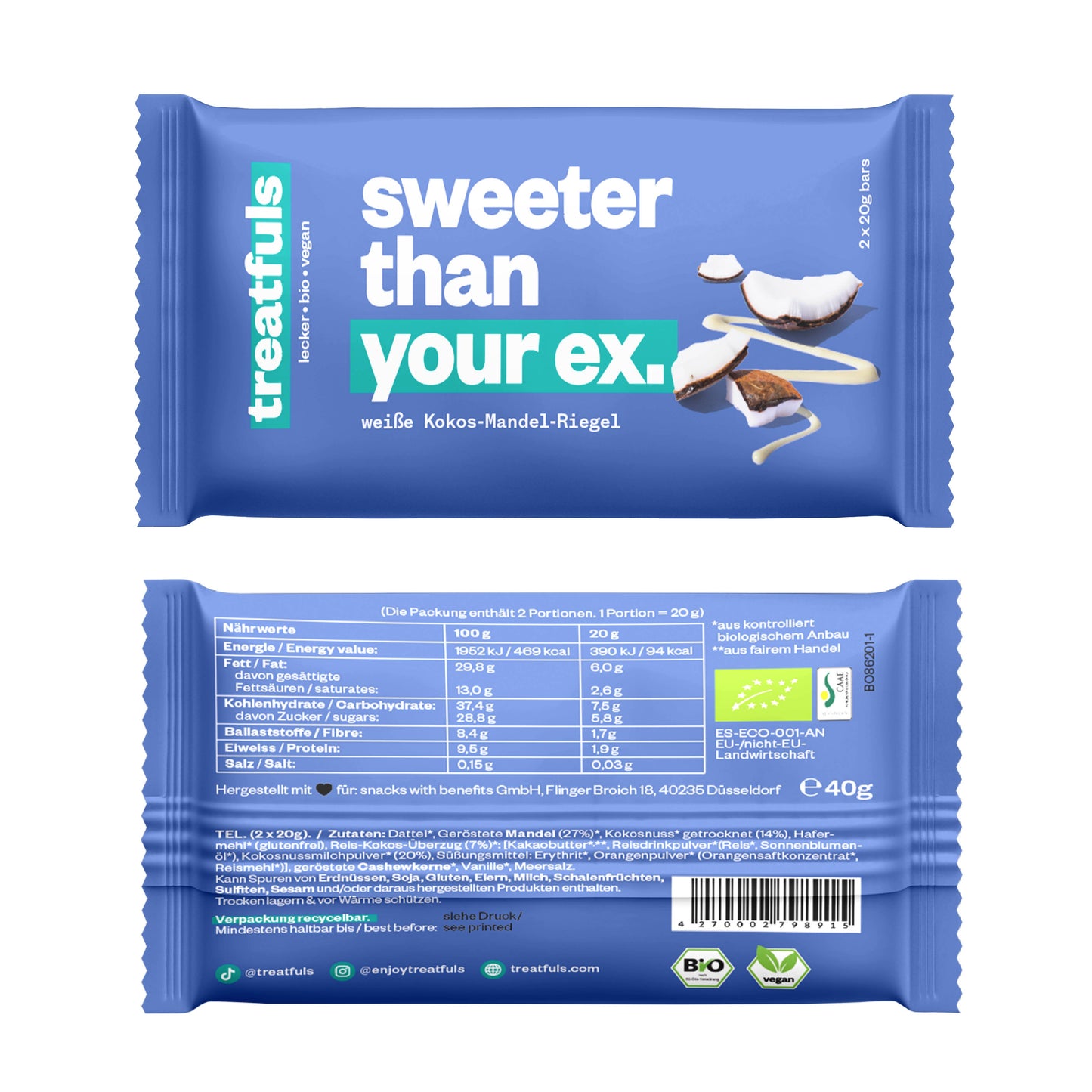 treatfuls - Weiße Schoko Kokosnuss-Mandel Riegel bio + vegan+ glutenfrei
