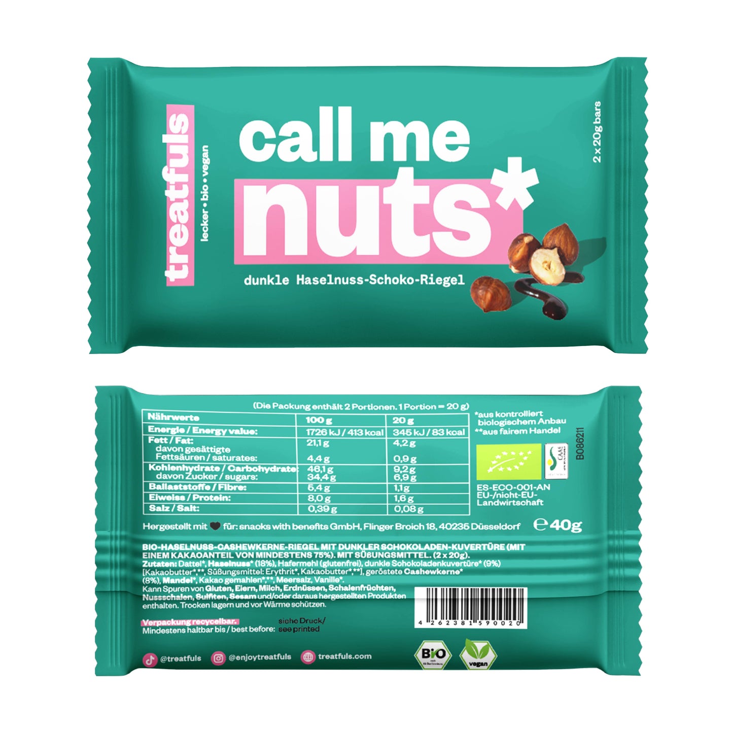 treatfuls - Dunkle Schoko-Haselnuss Riegel bio + vegan + glutenfrei