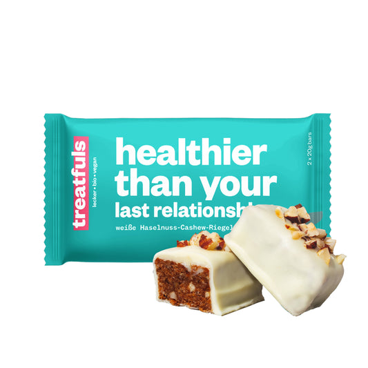 treatfuls - Weiße Schoko crunchy Haselnuss Riegel bio+vegan+glutenfrei
