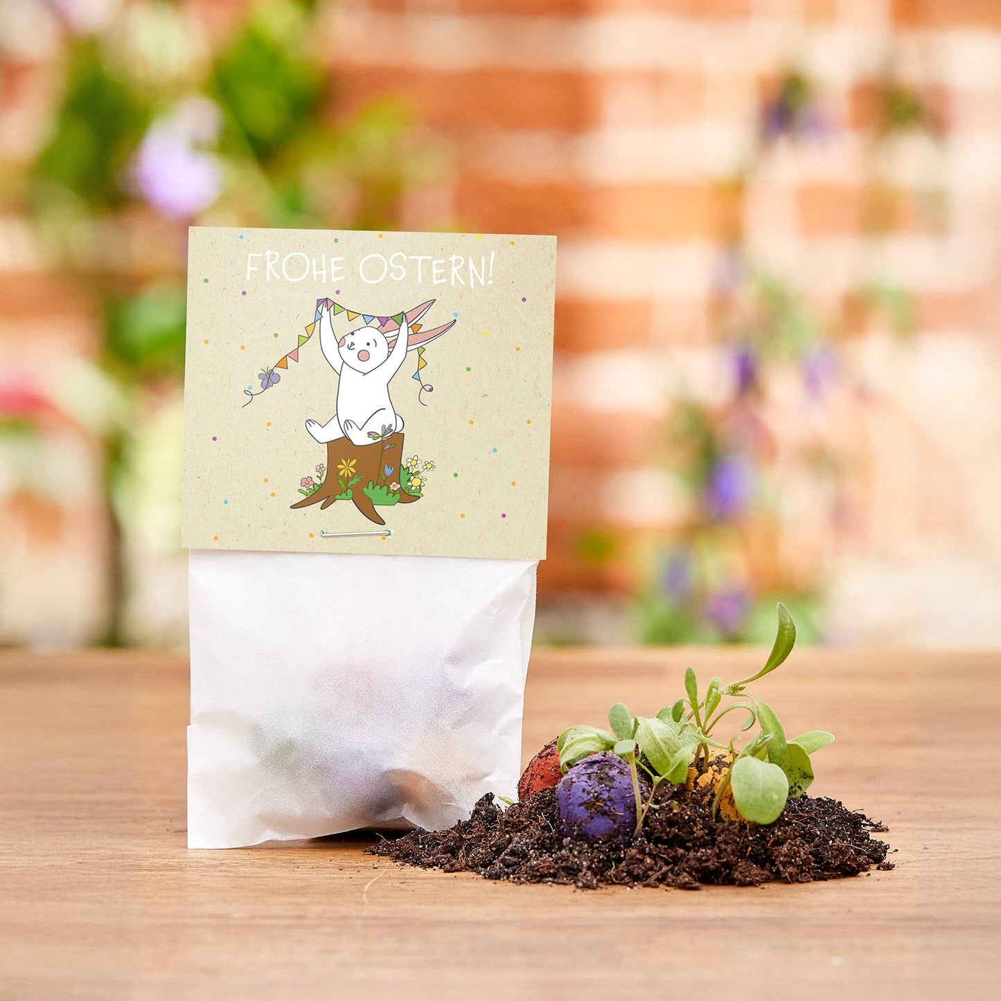 TDJ Stadtgärtner GmbH - 5er Blumenmurmeln im Pergaminbeutel - Frohe Ostern - Hase mit Deko