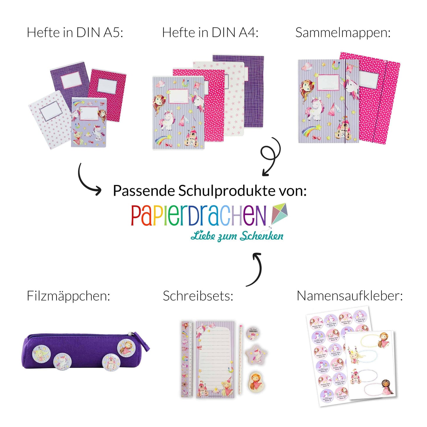 Papierdrachen - Schreibset Schule Einhorn Set 2
