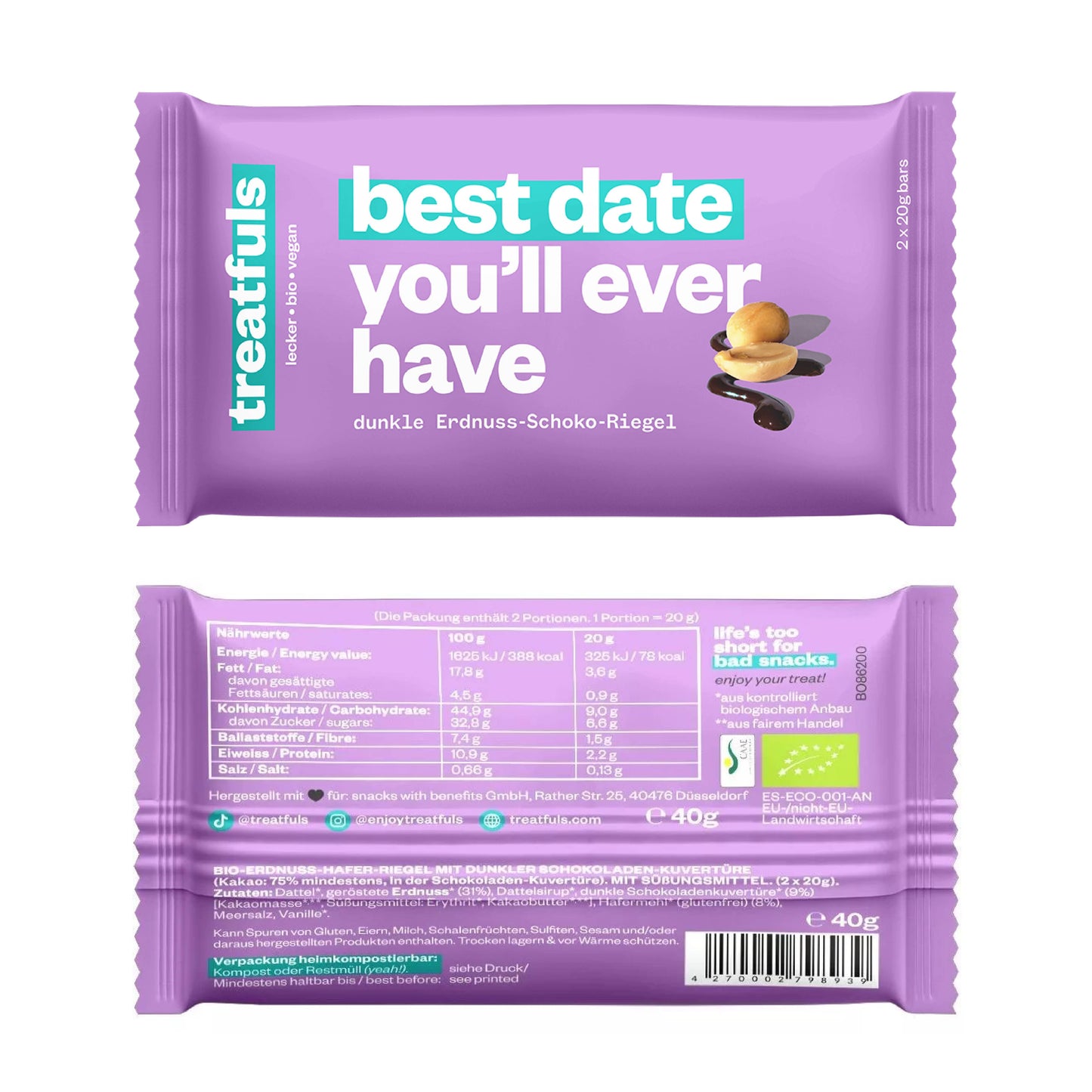 treatfuls - Dunkle Schoko Erdnuss  Riegel bio + vegan + glutenfrei