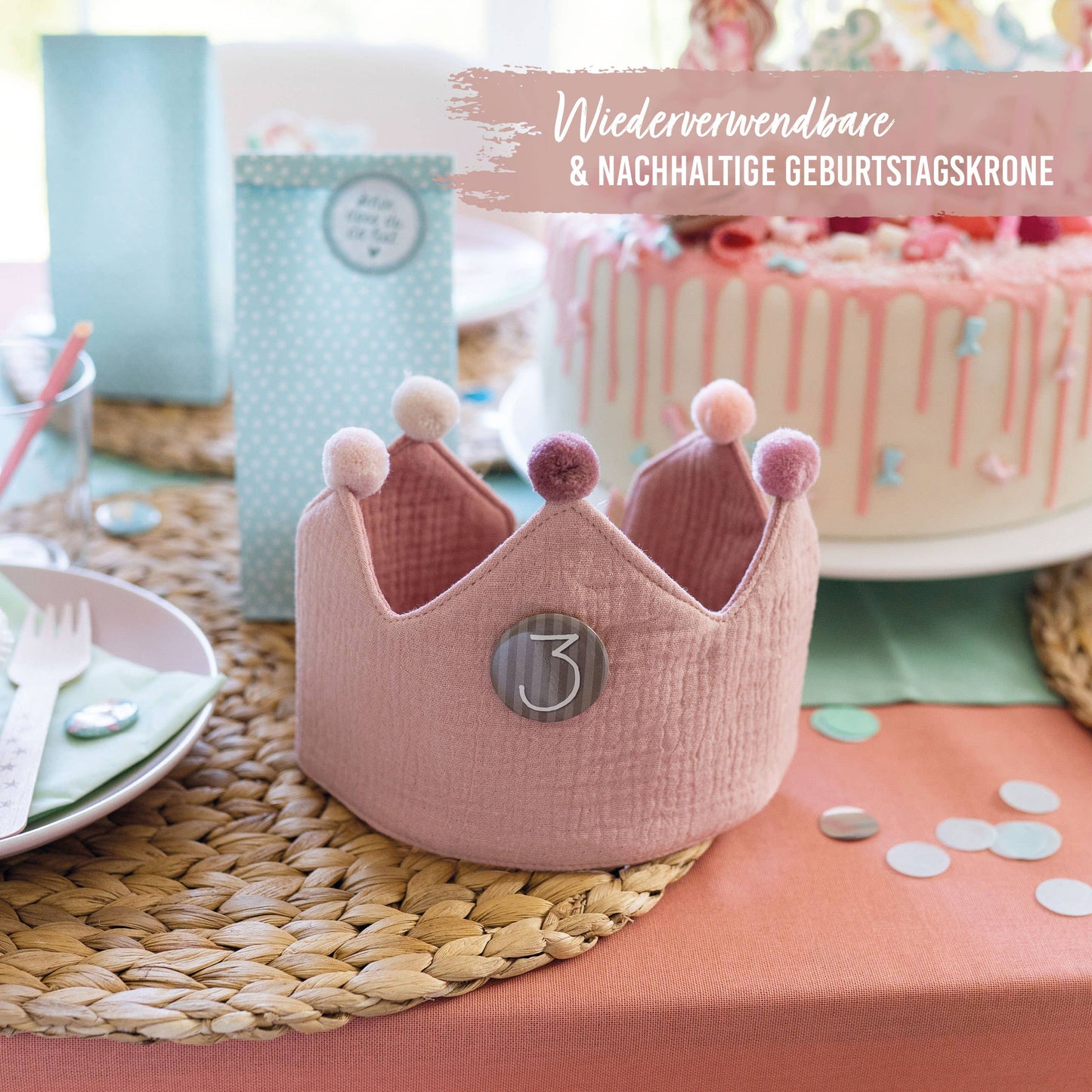 Papierdrachen - Geburtstagskrone Musselin - Rosa - Set 9